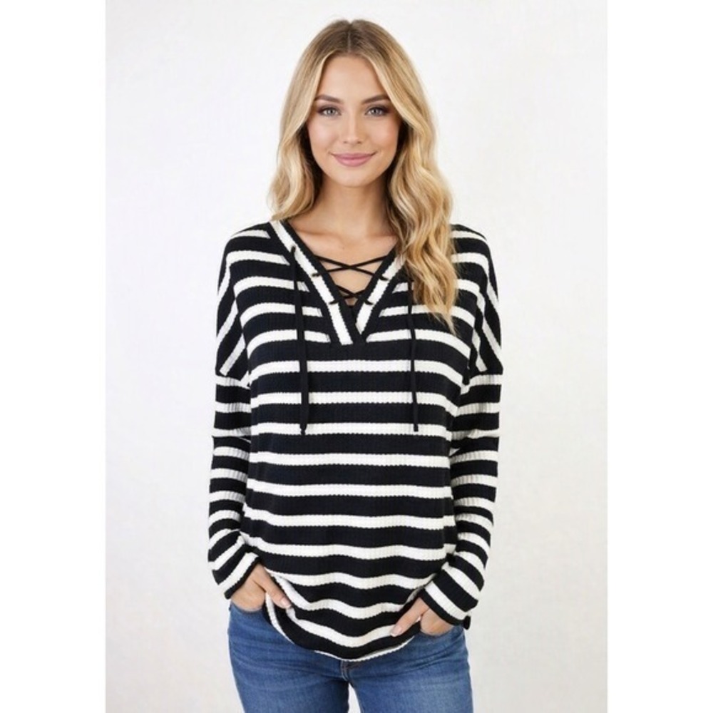 Sunday Top Large Black & White Striped Tie Neck